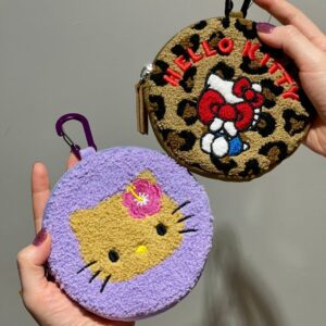 Kitty毛絨刺繡圓形拉鏈包